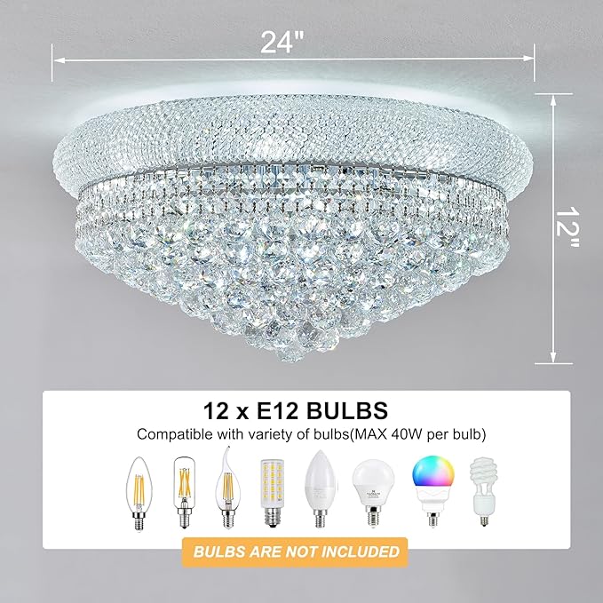 12 - Light Flush Mount Crystal Chandelier for Living Room Dining Room Entryway Hallway Bedroom Foyer Chrome Finish