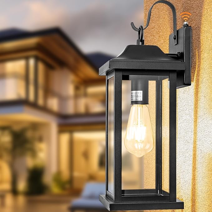 Dusk to Dawn Large Outdoor Wall Light 17 Inch, Exterior Light Fixture Porch Light with Tempered Clear Glass, IP65 Waterproof Anti-Rust Outside Wall Sconce Matte Black Wall Lantern, 1-Pack