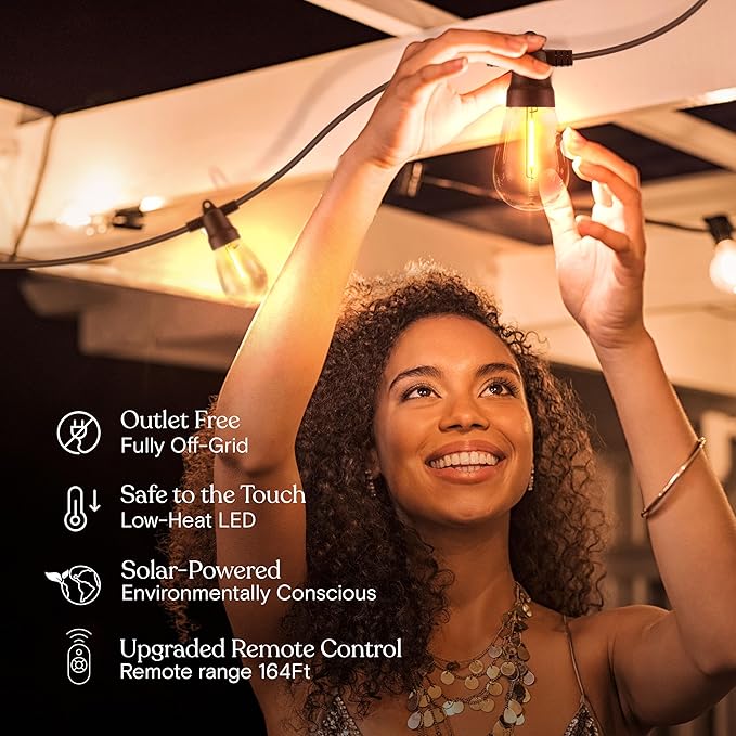 Brightech Ambience Pro Super Bright Solar - 48Ft Remote Control Outdoor String Lights with 15 Shatterproof S14 Bulbs, Commercial Grade LED, Waterproof Patio Lights, 4W Soft White for Patios, Gardens