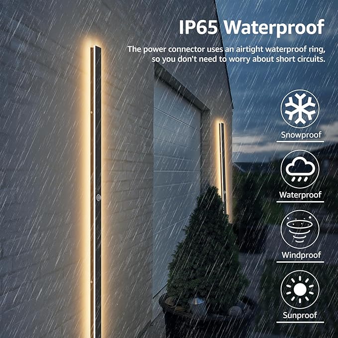 2 Pack 56.3inch Motion Sensor Long Outdoor Wall Lights 45W Black 3000K Warm White Motion Porch Lights IP65 Waterproof Exterior Wall Light Fixtures for Garage Patio Porch