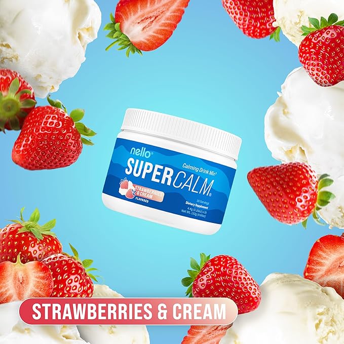 Nello Supercalm Powdered Drink Mix Tub, Cortisol Reducer* and Sleep Aid Supplement, L Theanine, Ksm-66 Ashwagandha, Magnesium Glycinate, Vitamin D 3, No Sugar, Non GMO, 30 Ct, Strawberries & Cream