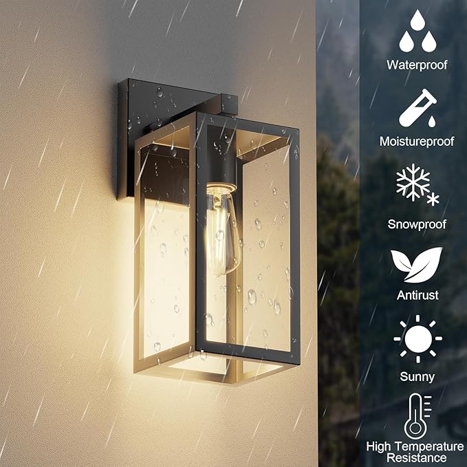 Kalium Porch Lights Outdoor Wall Light Fixture 2pcs, Matte Black, Wall Sconce 12.4 in, Toughened Frame, Clear Glass Shade, Waterproof Lanterns, Suitable for Patio, Exterior, Front, Door, Entryway
