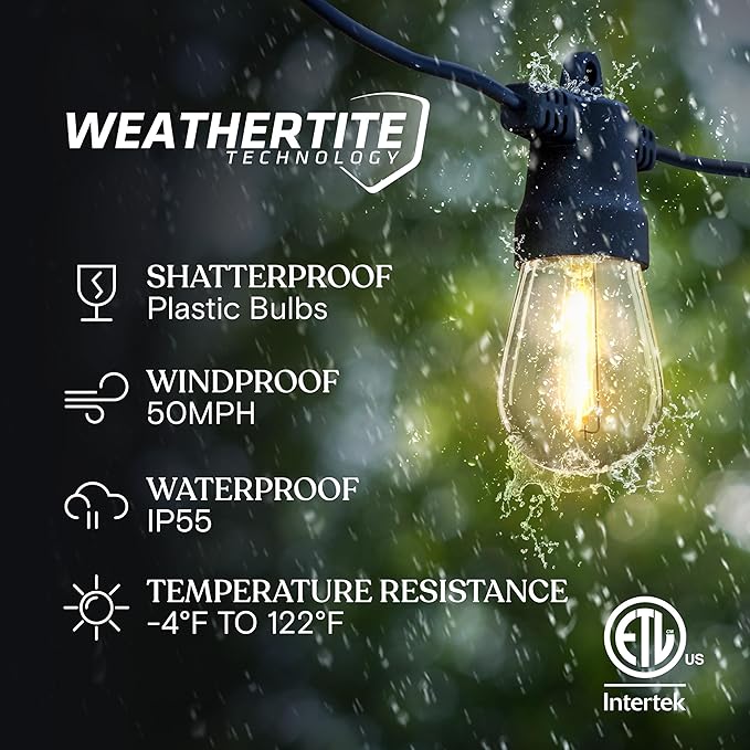 Brightech Ambience Pro Solar Powered Outdoor String Lights -27 ft Commercial Grade Waterproof Edison Patio Lights, Shatterproof LED String Lights for Outside, Porch - 12 Bulbs, 1W Soft White