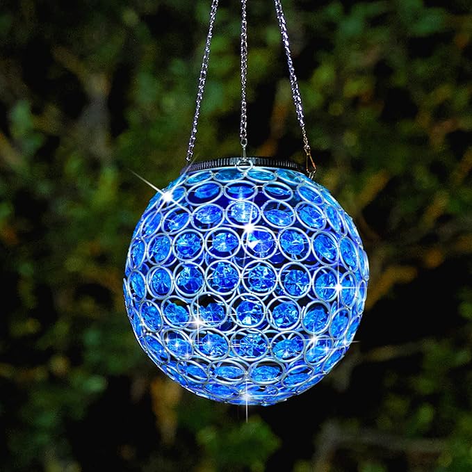 Solar Hanging Lantern Outdoor Lights, Dual LEDs Color Changing and Blue Hanging Light Waterproof Crystal Globe Lamp Decoration in Garden, Pathway, Front Door - Blue