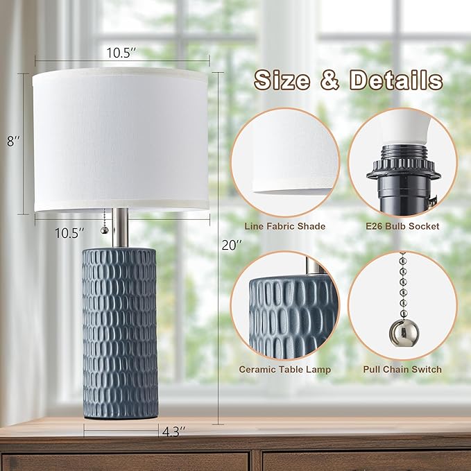 Table Lamps for Living Room Set of 2, Ceramic Table Lamps for Bedroom, 20" Modern Lamps for Night Stands, Grey