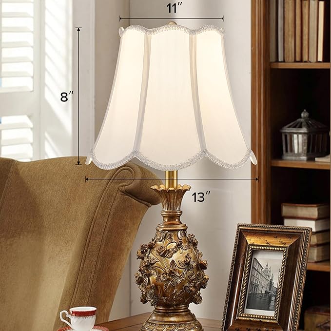 GOSO Scalloped Lamp Shades Set of 2 Medium Petal,8”×13“×11” Spider Off White Wavy Floral Elegant Fabric Shade Art Deco Modern Lampshade for Table Lamps,Floor Lamp for Living Room,Easy Assembly