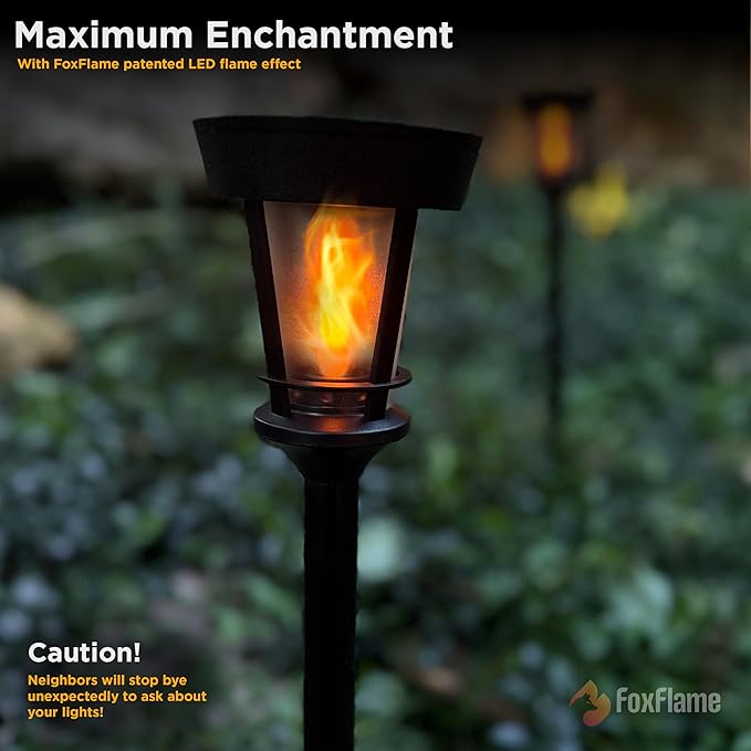 Classic Solar Path Torch - Elegant Flickering Flame Effect with Patented LED, IP65 Waterproof, Solar-Powered Lighting for Garden, Walkway, Yard, and Landscape Ambiance Easy Stake Installation (6 Pack)