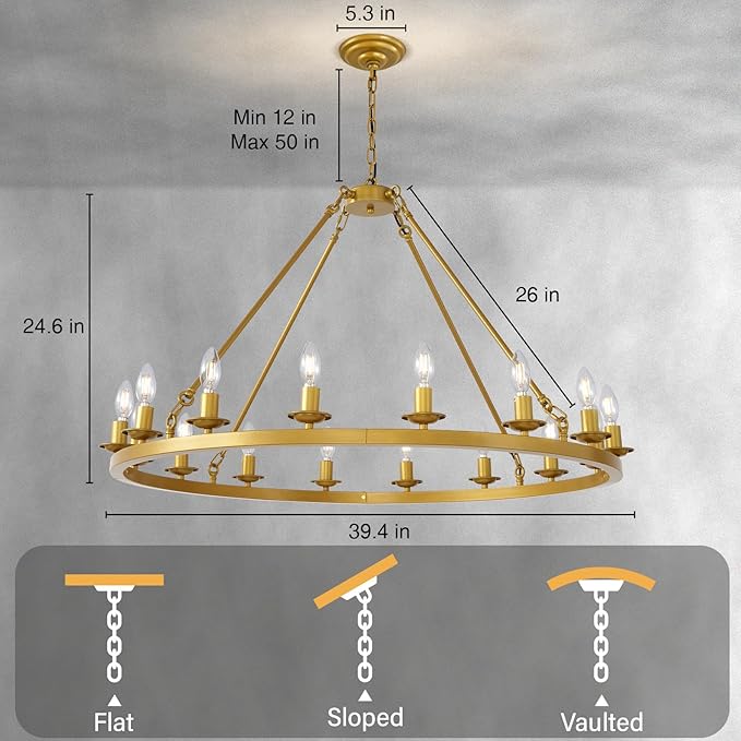 40in Gold Wagon Wheel Chandelier, 16 Light Farmhouse Large Chandelier Round Modern Rustic Industrial Adjustable Height for High Ceiling Living Room, Entryways, Foyer, Staircases, Dining Room