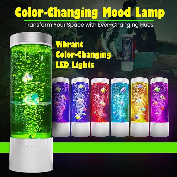 Brewish Bubble Fish Lamp | Desktop Sensory LED Bubble Lamps | 7 Color Changing Fake Aquarium Night Light | Artificial Fish Tank with Moving Fishes | Home Decor, Gift for Kids, Adults, ADHD & Autism
