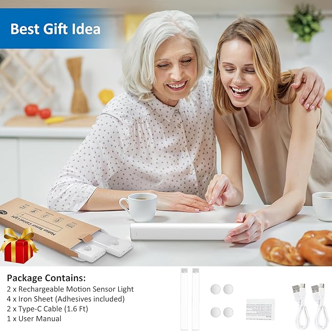 70-LED Motion Sensor Under Cabinet Lights, Magnetic Rechargeable Under Counter Closet Lighting, Wireless Light Bar Stick-On, 2-Pack, Cool White