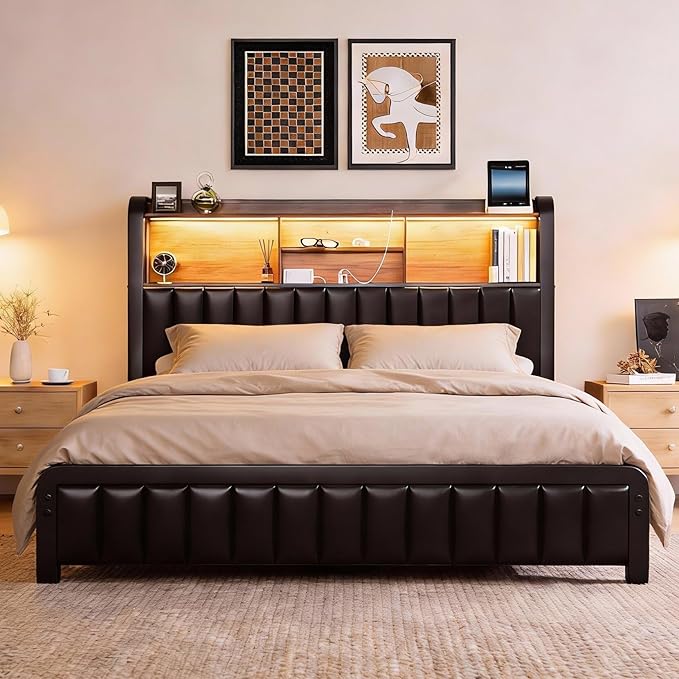 Queen Bed Frame 54.3" Tall with 3-Tier Storage Headboard and Charging Station, Metal Platform Bed Frame with LED Lights and PU Leather, Noise-Free, Metal Support, No Box Spring Needed, Black