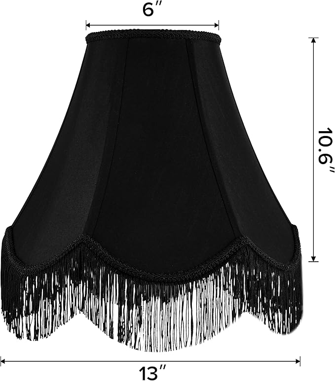 GO&SO Black Silk Bell Lamp Shades Petal Edge Braid with Black Fringe Trim, 6"x13"x10.6"(Spider), Classic Scalloped Lamps Shade Hand Crafted, Replacement Lamp Shades for Table,Floor Lamps,Easy Assembly