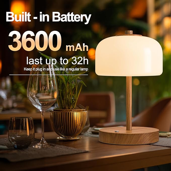 Oneach 9" Cordless Table Lamps Set of 2, Wood Grain Rechargeable Battery Operated Lamp, 3-Way Stepless Dimming Touch Lamps, Small Glass Bedside Nightstand Light for Bedroom Living Room Shelf Decor