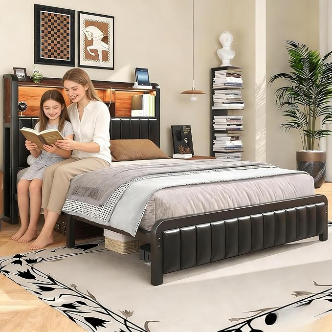 Queen Bed Frame 54.3" Tall with 3-Tier Storage Headboard and Charging Station, Metal Platform Bed Frame with LED Lights and PU Leather, Noise-Free, Metal Support, No Box Spring Needed, Black