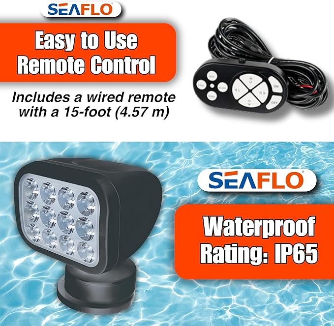 SEAFLO 360° Rotating Remote Control LED Searchlight, 10-30V, Auto-Reset, IP66 Waterproof, Marine Spotlight for Boats, Truck, Vehicles, CE & Rohs Certified (Wired Remote/Black/White Light 5500K)
