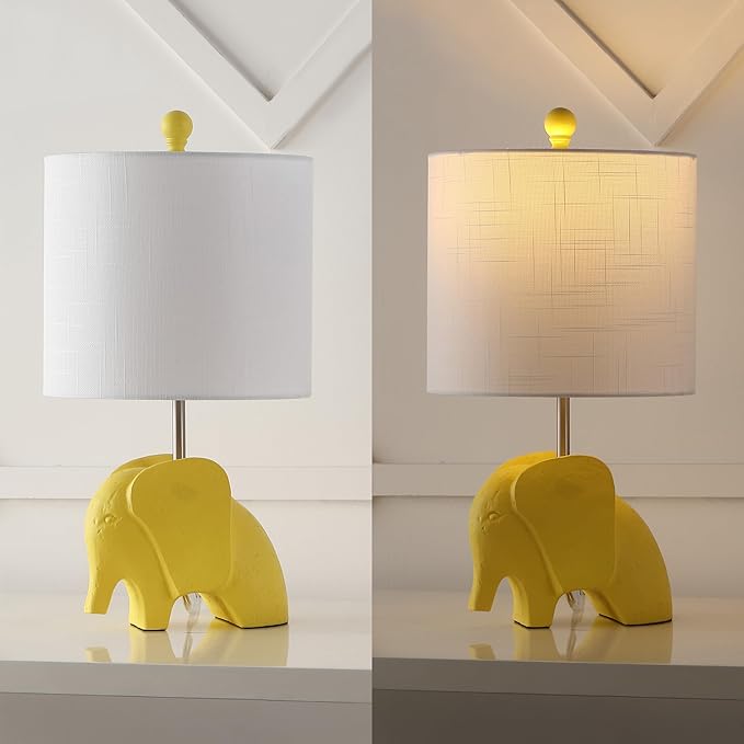 JONATHAN Y JYL1143C 17.5" Bohemian Elephant Table Lamp for Kids Room, Yellow Resin Animal Desk Lamp for Nursery, Playroom, Bedroom Bedside Nightstand, White Linen Drum Shade, LED Bulb Included
