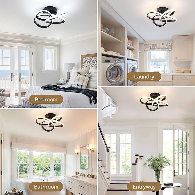 Modern Ceiling Light, 36W LED Dimmable Ceiling Light with Remote Control, 3000-6000K Color Temperature Changing, Black Small Chandelier for Bedroom, Entryway, Hallway, Kitchen