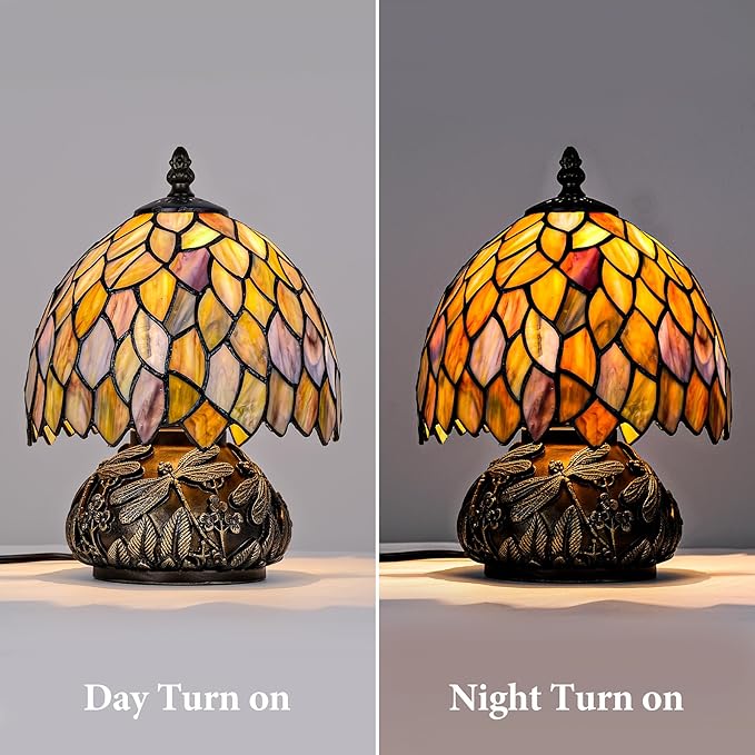 Tiffany Style Table Lamp, Stained Glass Gradient Green Wisteria Desk Lamp with Antique Bronze Dragonfly Resin Base, Vintage Accent Light for Bedroom Living Room 8x11 Inch (Green Wisteria)