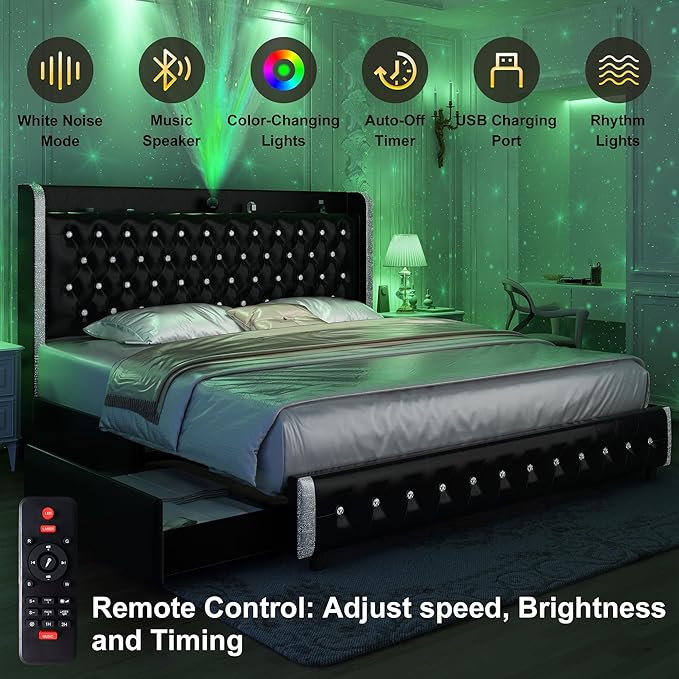 Queen Wingback Modern Platform Bed with Galaxy Projector, 4 Dust-Proof Storage Drawers, LED Bed Frame, USB Ports, No Box Spring Needed & Noise-Reduction Sturdy Wood Slats, PU Black