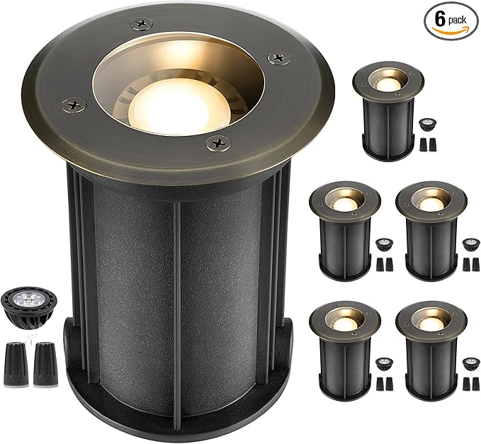Gardenreet Landscape In Ground Well Lights - Brass Electric Ip65 Low Voltage Lights, Wired LED 12V Fixture, Antique Bronze for Driveway Tree Patio with 5000K Daylight White MR16 Bulb