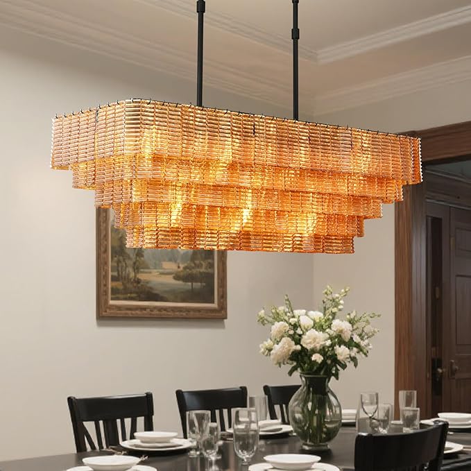 59" Rectangular Chandelier, 11-Light Amber Crystal Glass Chandelier for Dining Room, Luxury Black Pendant Light Hanging Light Fixture for Kitchen Island, Living Room, Foyer