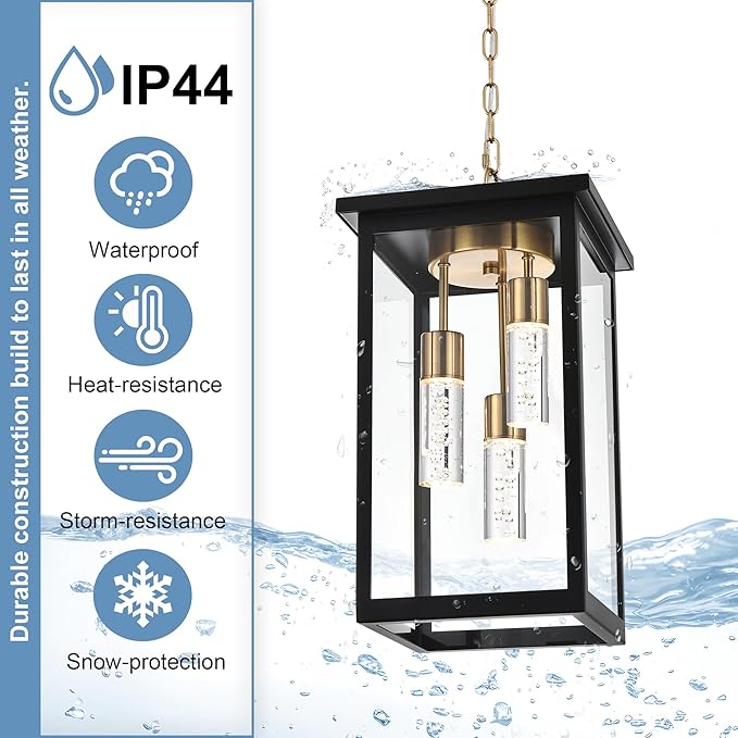 TODOLUZ 5CCT LED Large Outdoor Pendant Light Fixtures, 3-Light LED Integrated Bulbs Included Modern Outdoor Hanging Lighting Ceiling, Clear Glasss Outside Chandelier for Porch Gazebo Entryway