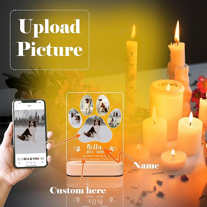 Pet Memorial Night Light – Custom Dog & Cat Loss Gift, Memorial Plaque & Picture Frame (PM #7)