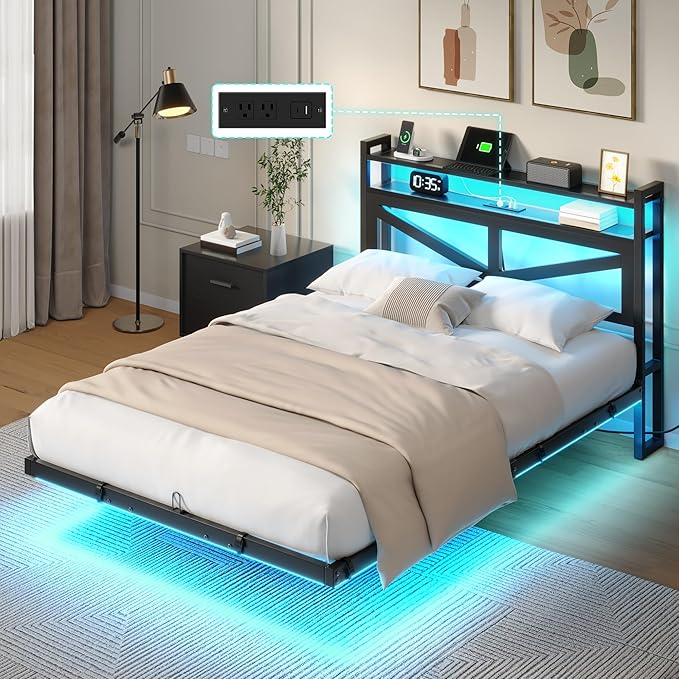 YITAHOME Queen Size Floating Bed Frame with USB Charging Station Storage Headboard and with Led Light, Heavy Duty Metal Platform Bed Frame, No Box Spring Needed, Easy Assembly and Noise Free, Black
