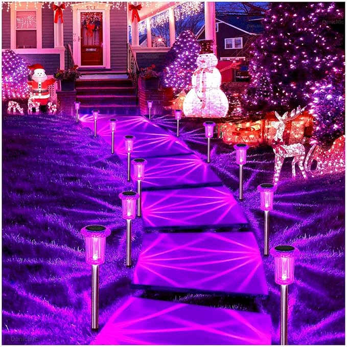 DenicMic Halloween Solar Lights Outdoor 15 Pack Purple LED Waterproof Yard Garden Patio Backyard Pathway Walkway Landscape Lawn Outside Halloween Decorations Outdoor