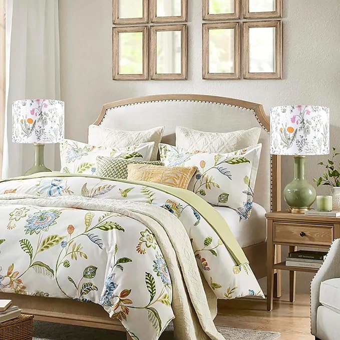 Set of 2 Drum Lampshades Floral Printed Lamp Shades - 13" x 13" x 10" - Ideal for Table & Floor Lamps Natural Linen- Hand Crafted - Farmhouse Decor - Assembly Required By GO&SO