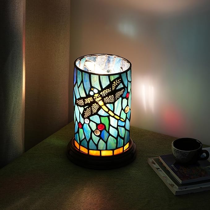 Tiffany lamp Stained Glass Table lamp Teal Dragonfly Style Bedroom Bedside Flower Vase Decor Green Small Night Light Mini Cute Kids Accent Unique LED Cottage Aesthetic Nightstand Cylinder Desk lamp