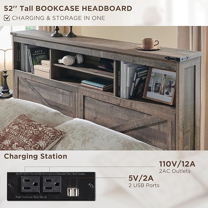 ACCOHOHO Farmhouse Queen Size Bed Frame with 52" High Storage Bookcase Headboard and 4 Drawers,Wooden Bed Frame with LED Light and Charging Station,Light Brown