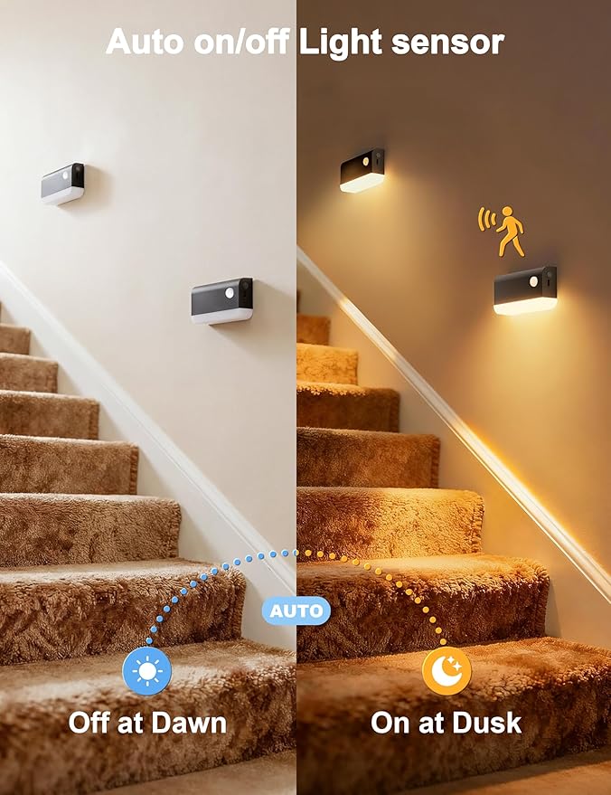 NIORSUN Motion Sensor Night Lights, 3 Pack Black Rechargeable 2-Mode Stair Lights Indoor with 3 CCT, 1200mAh Battery for 4-Month Runtime, Magnetic Wireless Nightlight for Hallway, Stairs, Bathroom