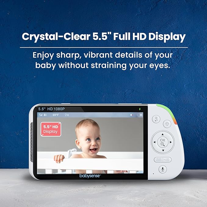 Babysense Full HD 5.5" Split Screen Baby Monitor with 2 Cameras, 6-Color Night Light, White Noise, Sound & Light Machine, 20-Hour Battery, Hack-Proof Non-WiFi Secure Connection