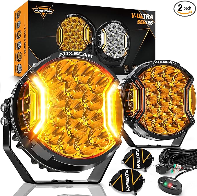 Auxbeam V-Ultra Series 7" 226W Side Shooter LED Offroad Lights, Amber DRL 3 Modes Light Bar, 270° Coverage Round LED Pods Spotlights, 26800LM Yellow Fog Lights with Protective Covers, Pair