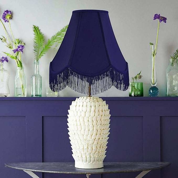 GO&SO Blue Silk Bell Lamp Shades Set of 2 Petal Edge Braid with Blue Fringe Trim, 6"x13"x10.6"(Spider), Scalloped Lamp Shade Hand Crafted, Replacement Lamp Shades for Table, Floor Lamps,Easy Assembly