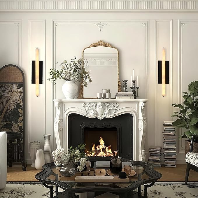 Alabaster Wall Sconces Set of Two, 25in Black Alabaster Sconce, Modern Spanish Natural Marble Sconces Lights, Rectangle Sconces for Bathroom Vanity Bedroom Living Room Staircases Hallway