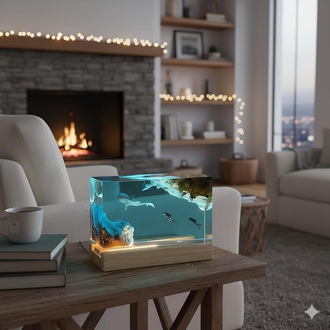 Handmade Ocean Resin Night Light 7-Color LED Lamp with Remote, Epoxy Resin Wood Lamp for Bedroom Decor & Desk, Romantic Valentine’s Day Gift for Her, Men's Office Decor (Whale, Small)