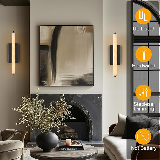 Alabaster Wall Sconce, 19" Natural Marble Wall Sconce, Black Alabaster Single Sconces, Bronze Modern Bathroom Sconces, Indoor Wall Lighting for Living Room, Bedroom, Hallway, Staircase