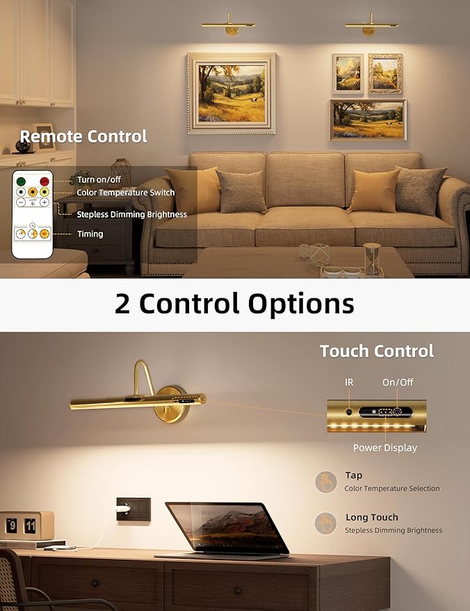 VOLISUN Picture Lights for Wall, 15.7'' Rechargeable Picture Light Battery Operated, 3 Color Temps Cordless Picture Light with Remote, Magnetic Art Light for Painting, Gallery, Portrait, 2 Pack(Brass)