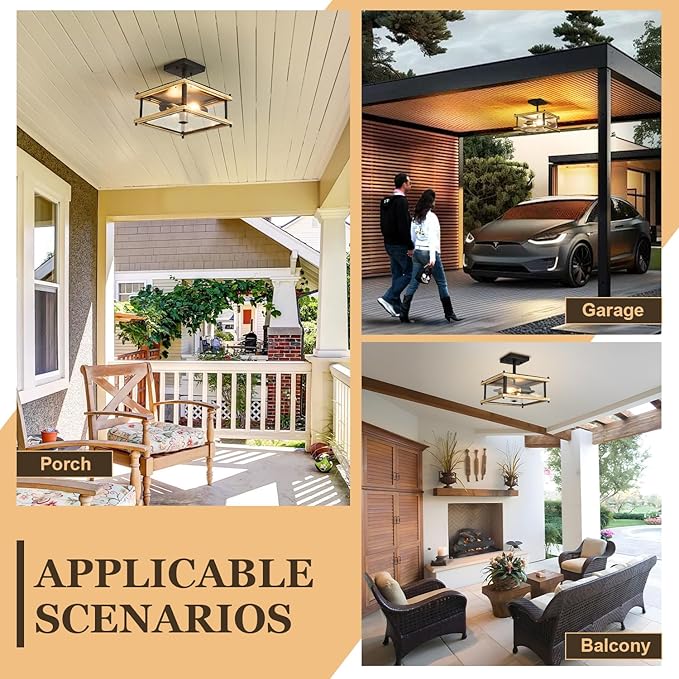 2-Light Farmhouse Motion Sensor Outdoor Ceiling Light Square Metal Frame Wood Grain Flush Mount, Industrial Exterior Porch Light Fixture with Clear Glass for Balcony Hallway Garage Entryway