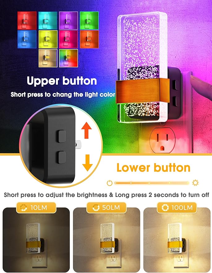 L LOHAS LED Night Lights Plug Into Wall [2 Pack], Color Changing Night Light with Dusk to Dawn Sensor, RGB 180° Rotating Night Light, 0-100LM Dimmable Nightlight for Kids, Bathroom, Hallway,Gift