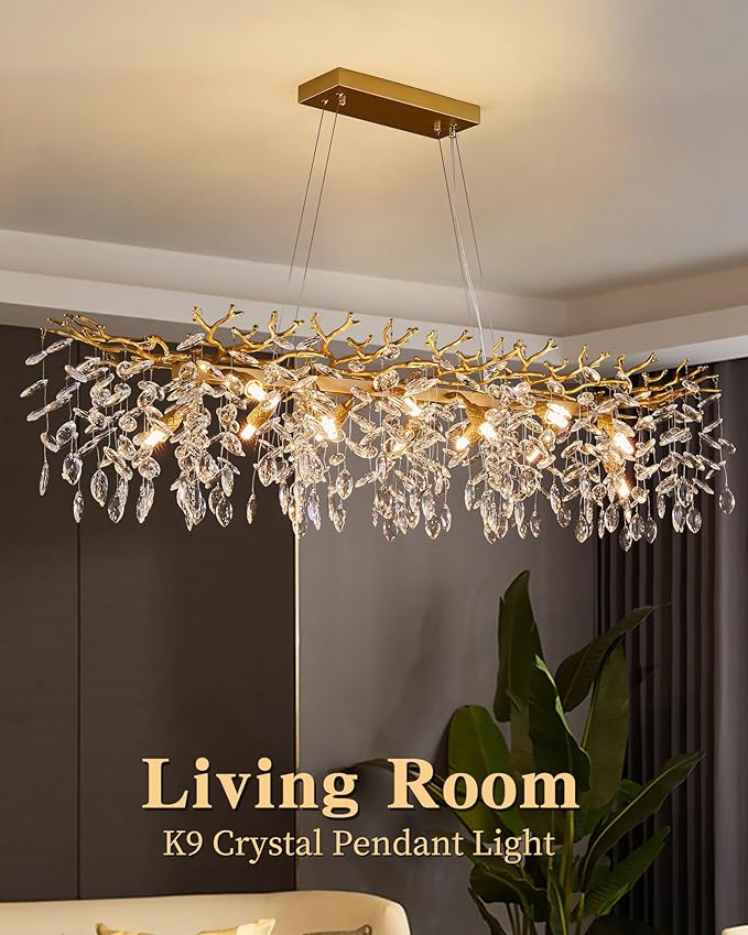 Tree Branch Chandelier Modern Gold Crystal Chandeliers 14 Lights Rectangular 47.2" Hanging Pendant Light Fixture for Kitchen Island Living Room Dining Room Foyer Entryway
