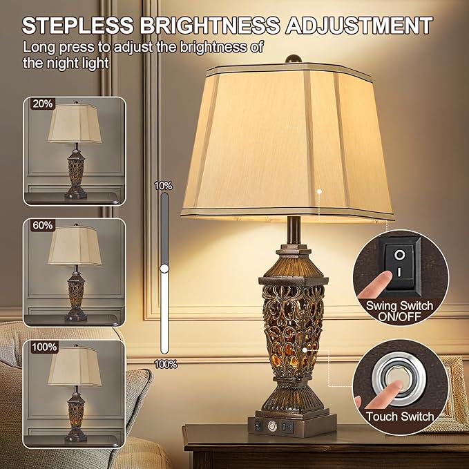 AIDENOEY 27.5“ Farmhouses Table Lamp with USB & USB-C Charging Ports, 3-Color Dimmable & Stepless Bottom Dimming, Touch Control & Switch, Vintage Bedside Lamp for Bedroom Living Room Office,(Brown)