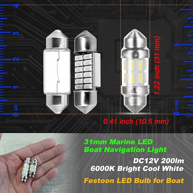 31mm Marine LED Boat Navigation Light Bulb Super Bright Cool White Replacement DC12V Festoon LED Bulb for Pontoon Boat Anchor Lights Decks Light Bow Lights Stern Lights Mast Masthead Light Bulb,4 Pack