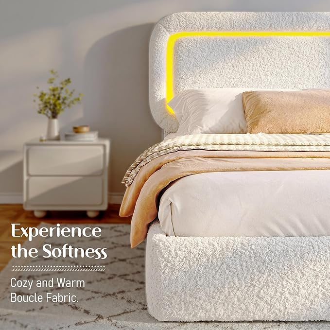 Queen Bed Frame with Headboard, Boucle Upholstered Platform Bed Frame with LED Light, Soft Rounded Corners, No Box Spring Required, Easy Assembly, White