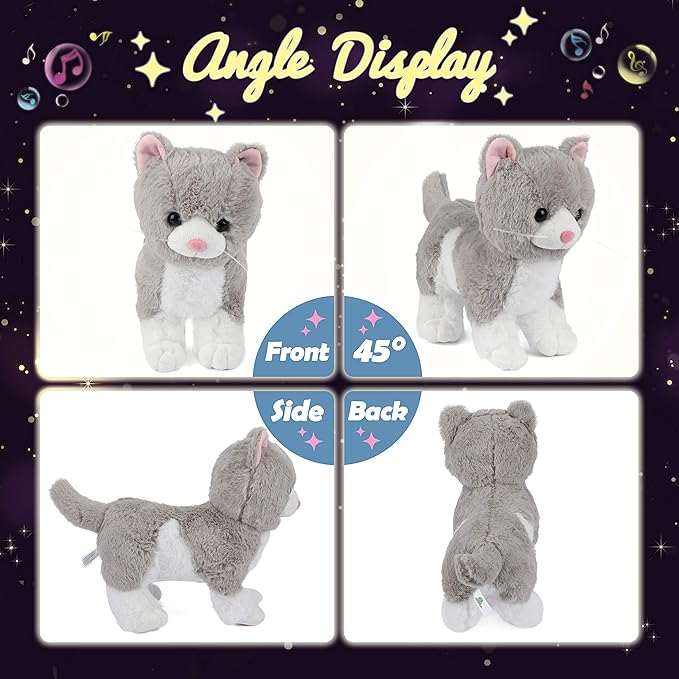 Hopearl LED Musical Stuffed Kitty Lighting Up Singing Plush Cat Adjustable Volume Lullaby Animated Soothe Birthday Gifts for Kids Toddler Girls, Grey, 13.5''