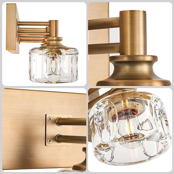 Vintage Vanity Light 3-Light Antique Vanity Lighting Brushed Brass Glass Vanity Light for Bathroom(21.6 inches in Length)