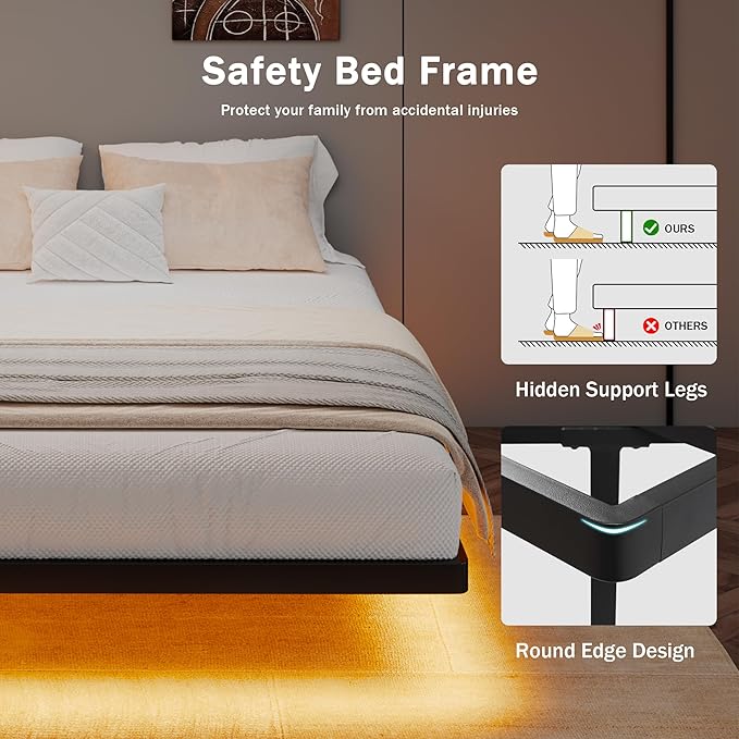 Full Size Floating Bed Frame with LED Lights and Charging Station, Metal Platform Bed Frame with Heavy Duty Steel Slats Support, Noise-Free, No Box Spring Needed, Easy Assembly