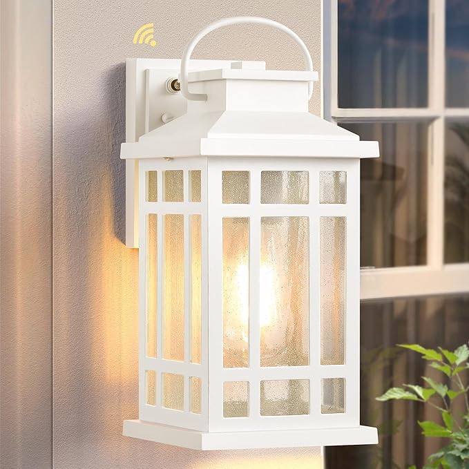White Porch Lights Outdoor with Dusk to Dawn Sensor, Modern Outside Wall Lights with Seed Glass, Aluminum Waterproof and Anti-Rust Outside Lights for House, Garage, Garden, Entryway, Doorway